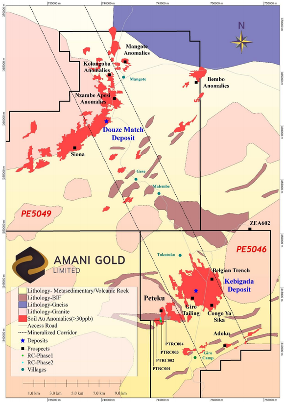 Map of Giro Gold Project, showing surface geology, Kebigada and Douze Match gold deposits, selected prospects, Au in soil anomalies and Peteku RC drillholes PTRC001-PTRC004