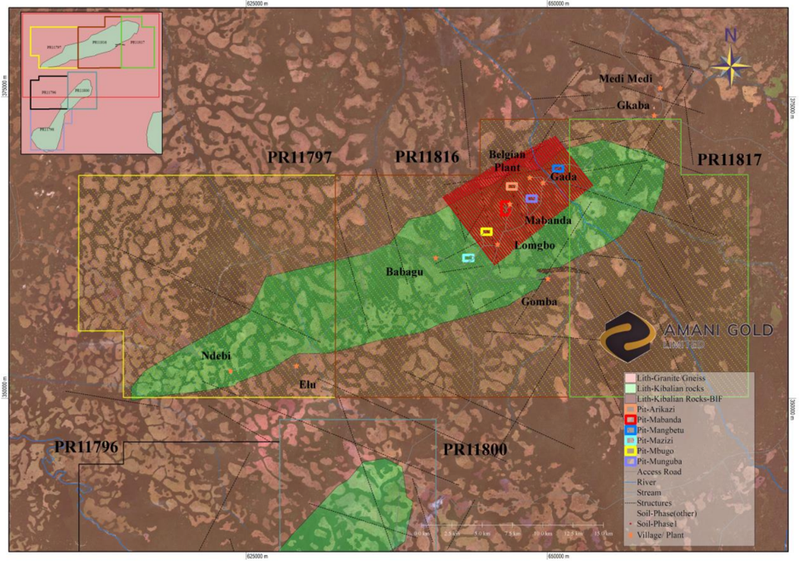 Map showing the location of Priority One soil sampling locations Gada Gold Project (Red). Reconnaissance soil sampling locations (Yellow), tenement boundaries and selected artisanal pits also shown 