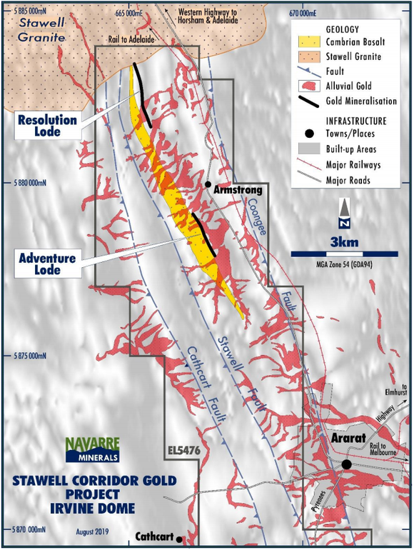 Resolution and Adventure lodes relative to alluvial gold workings of the historical 1Moz Ararat Goldfield