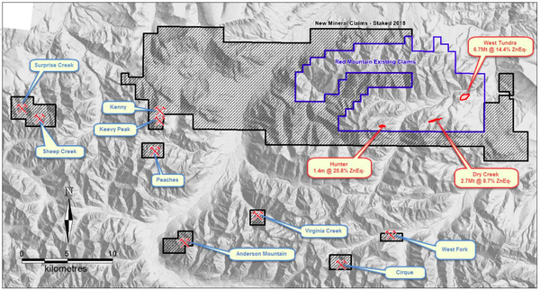 Red Mountain Project tenement outline on terrain map with locations for the Dry Creek and West Tundra Flats VMS deposit Mineral Resources, the new discovery at the Hunter Prospect and outlier VMS prospects.