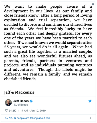 Jeff Bezos announces his divorce on Twitter.