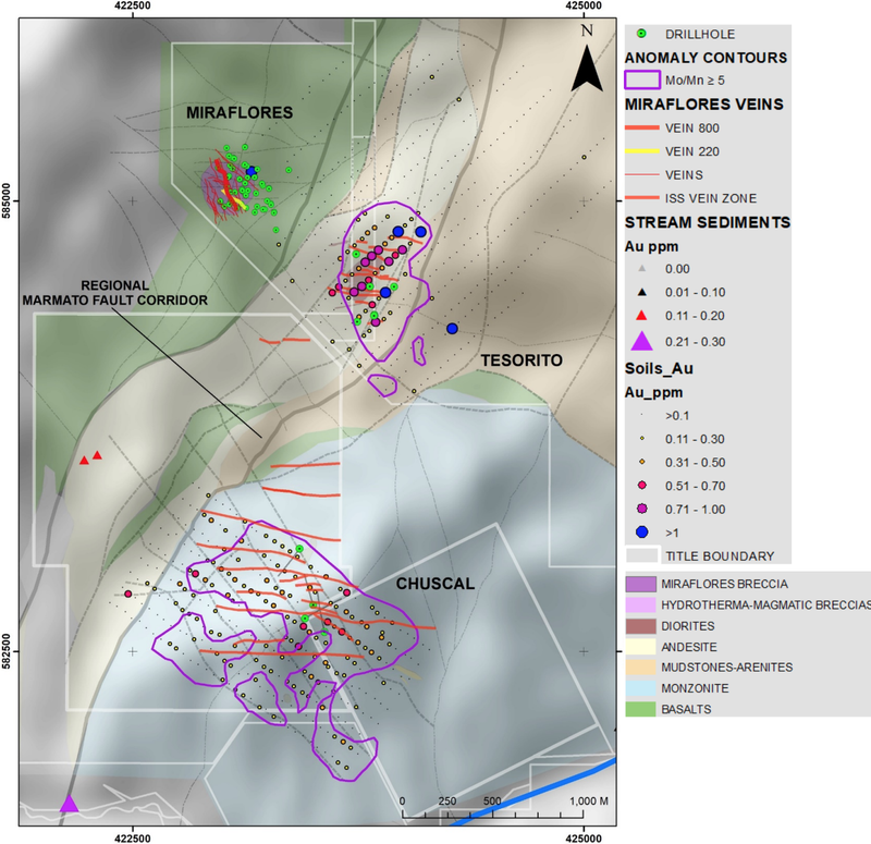 Modelling of high grade distribution has revealed three regions justifying further testing, two associated with the potential extensions of shoots - white dashed circle at depth and black dashed circle near surface in the above plan. The depth extent of white-grey breccia (yellow circle) has not been tested and is the third target.