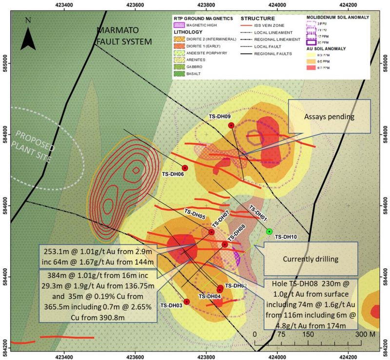 Tesorito prospect and drill traces with previously announced drill results