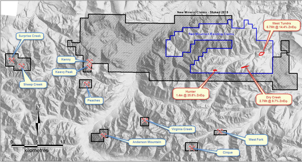 Red Mountain Project tenement outline on terrain map with locations for the Dry Creek and West Tundra Flats VMS deposit Mineral Resources, the new discovery at the Hunter Prospect and outlier VMS prospects.