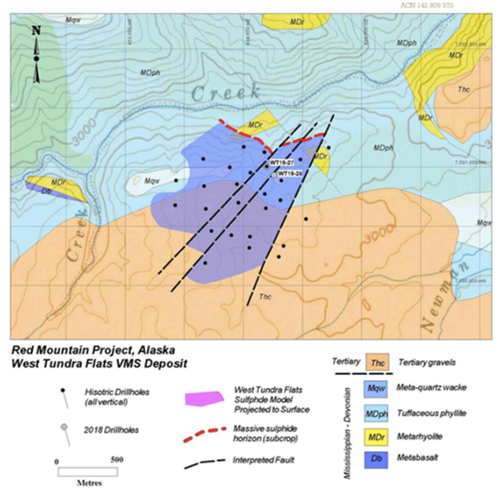 West Tundra prospect, showing the surface projection of massive sulphide mineralisation and the location of WT18-27, WT18-28 and all historic drill hole collars on the DGGS geology map