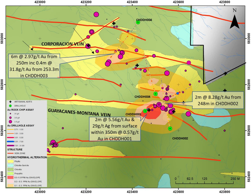 The Chuscal epithermal and porphyry gold prospect is within the Quinchia project, less than 2km from Tesorito and Miraflores deposits