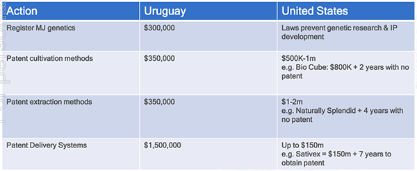 Uruguay is significantly cheaper than the US to develop marijuana based Intellectual Property