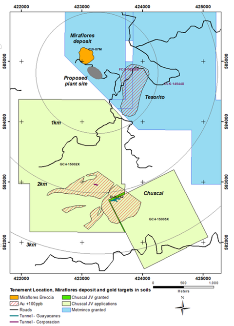 Gold soil anomalies at Chuscal and Tesorito and the Miraflores deposit with current tenements.