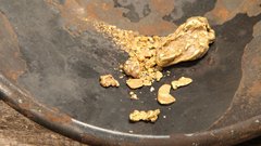Real california gold nuggets in a gold pan