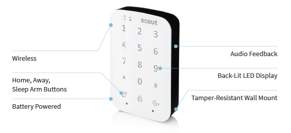 The Scout Keypad allows users to physically arm and disarm their security system and works in tandem with the Scout mobile app.