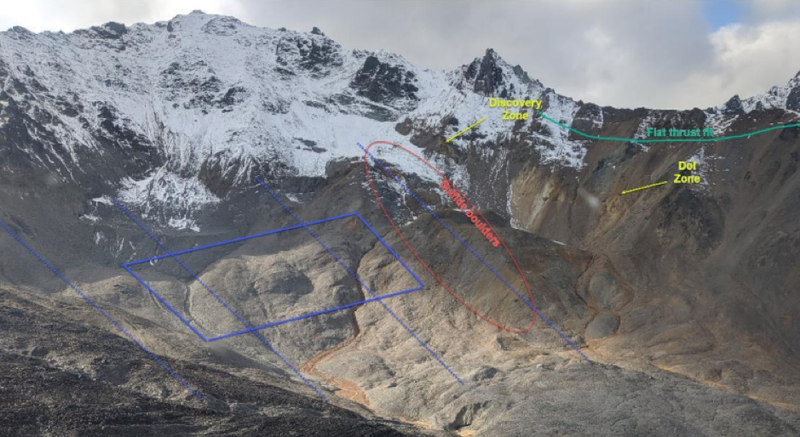 Oblique aerial view to the southwest at Cirque. Blue lines show rough approximation of the fixed loop and the 4 grid lines. The Discovery and Dol massive sulphide horizons are on the western side of the glacial cirque. Sulphide boulders and quartz-sericite-pyrite altered schists are found in the glacial moraine. 