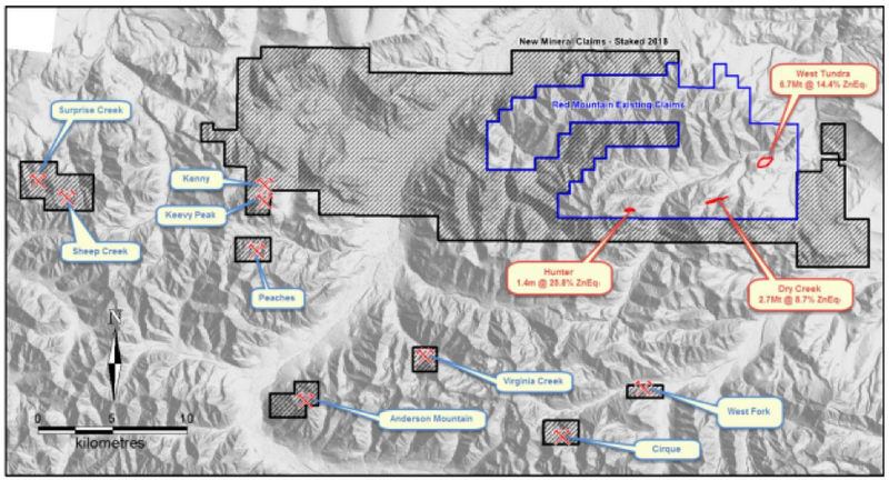 Red Mountain Project tenement outline on terrain map with locations for the Dry Creek and West Tundra Flats VMS deposit Mineral Resources1 and regional VMS prospects